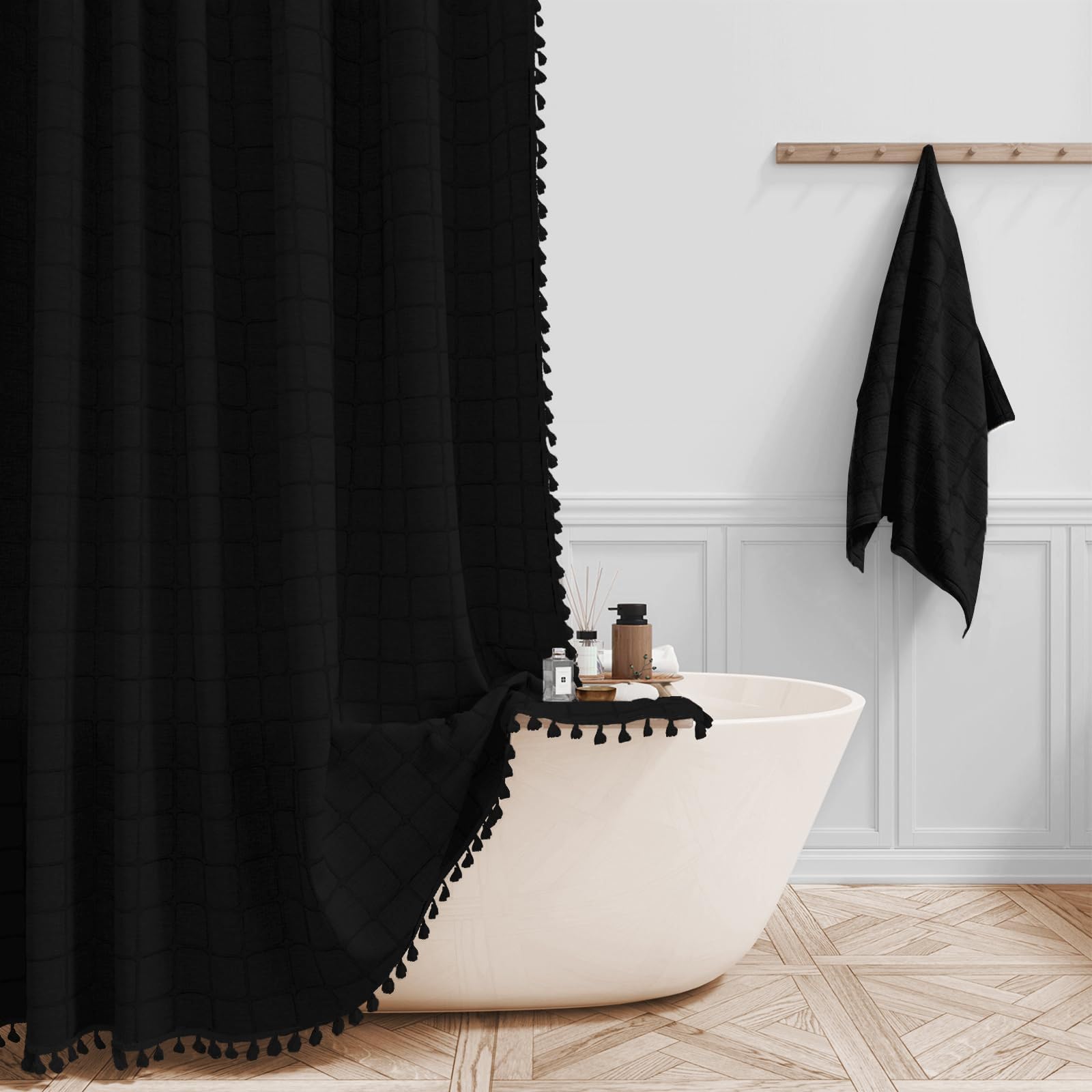 KIZAMI Rideau de Douche à Pompons 183 × 213 cm, Rideau de Douche à Carreaux en Polyester et Lin, Rideau de Douche imperméable, utilisé pour la décoration de Rideau de séparation d'hôtel à la