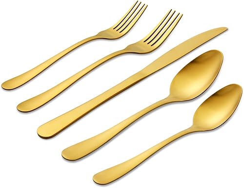 Lorena Juego de cubiertos de acero inoxidable de 20 piezas, servicio para 4, oro mate