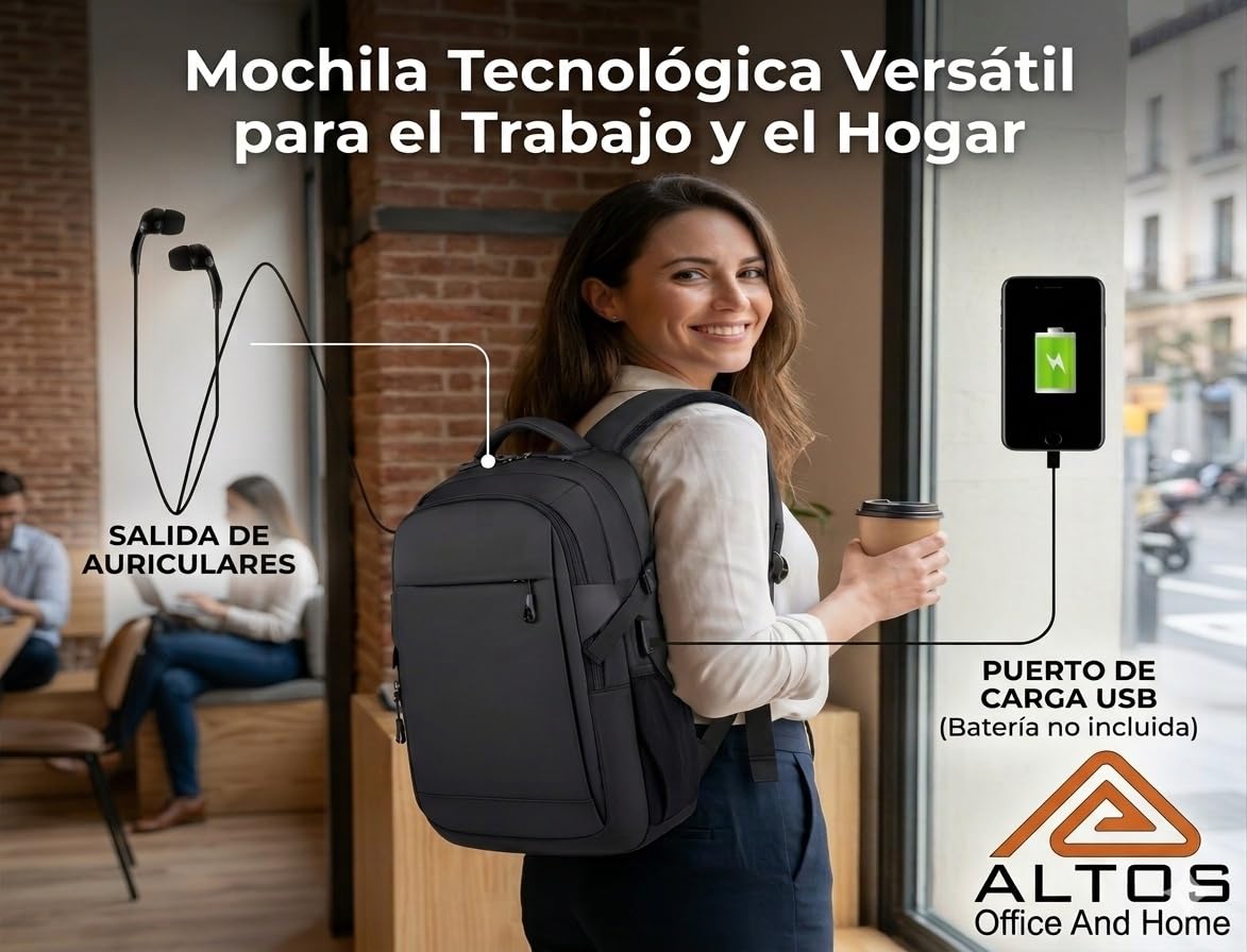ALTOS OFFICE AND HOME Mochila para Portátil de 15,6 Pulgadas con Conexión USB, Impermeable, Protección contra Robo, para Viajes de Negocios, Estudio y Senderismo, Color Negro