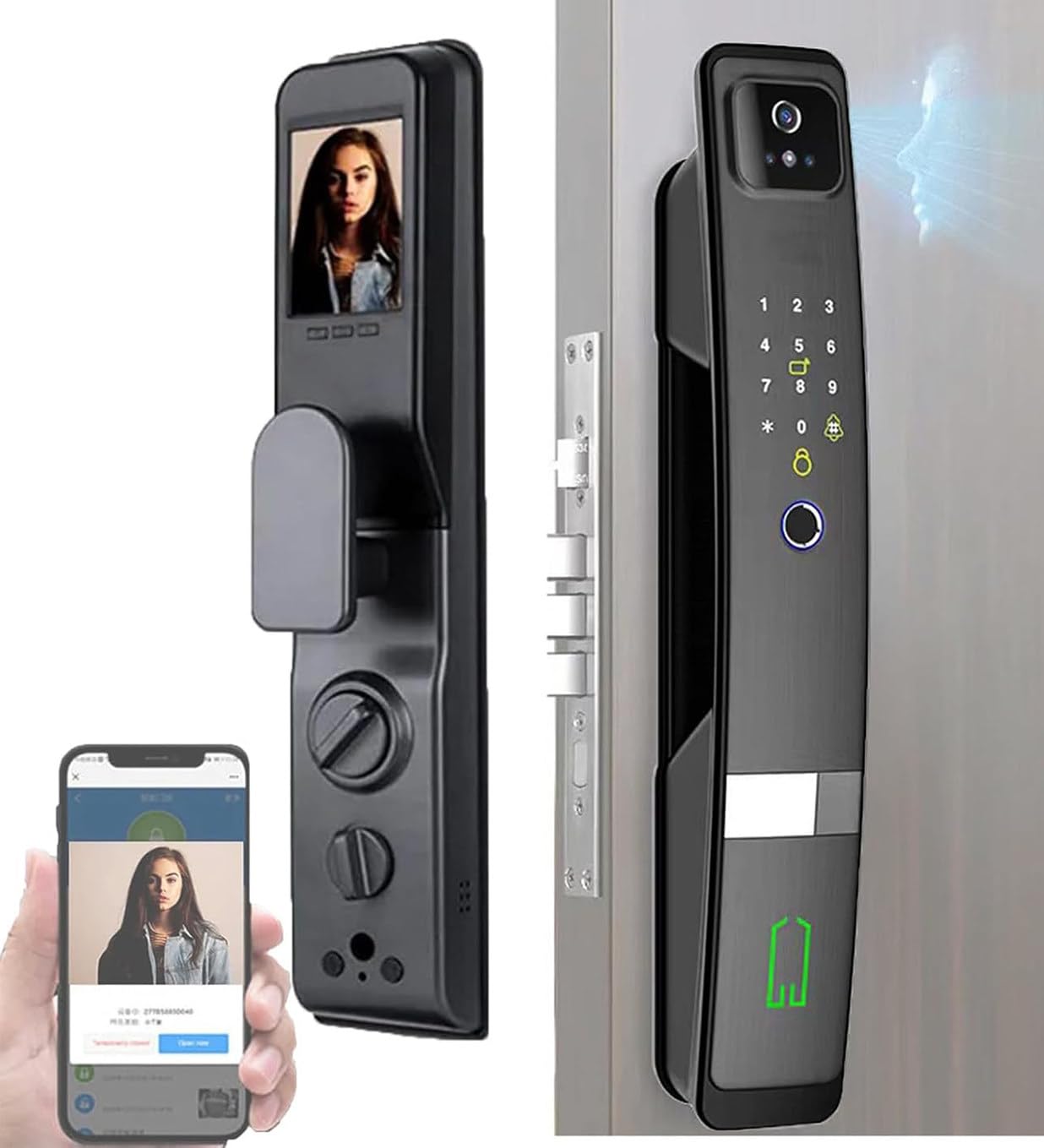 Cerradura De Puerta Inteligente, Cerradura De Puerta De Entrada Sin Llave Con Cámara De Timbre De Video, Cerradura De Embutir Inteligente Con Huella Dactilar Con Identificación Facial Digital Wifi