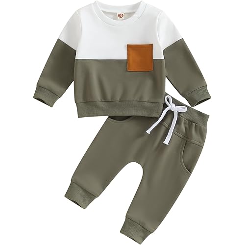 Toddler Baby Boy Fall Outfit Contrast Color Sweatshirt Tops with Elastic Waist Pants Cute Infant Newborn Winter Clothes