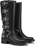 Athlefit Womens Knee High Boots Square Toe Motorcycle Boots with Fashion Buckle Biker Boots for Women Chunky Mid Heel Wide Calf Riding Boots
