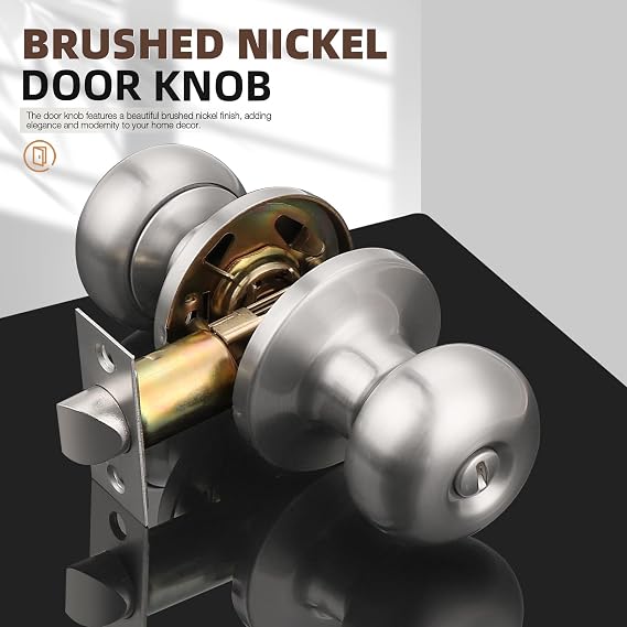 GOBEKOR 3 Pack Privacy Door Knobs Interior Satin Nickel Keyless Round Interior Door Knobs Stainless Steel for Bedroom Bathroom