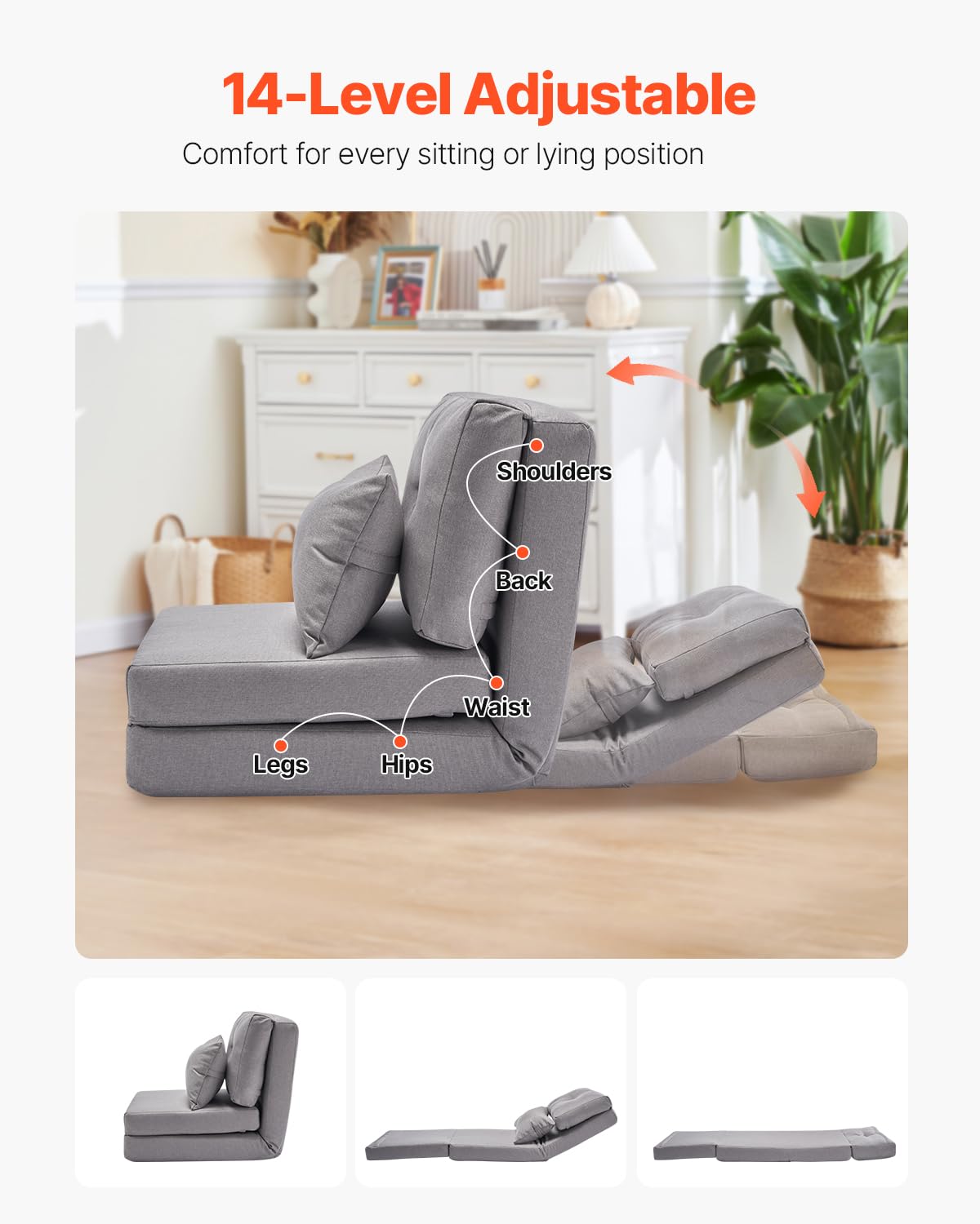 VEVOR Chaise de Sol Pliante, Fauteuil de Sol à 5 Positions réglables, canapé-lit rembourré Pliable avec Dossier réglable, Cadre en métal et Oreiller, Fauteuil Convertible pour Salon, Chambre, Gris