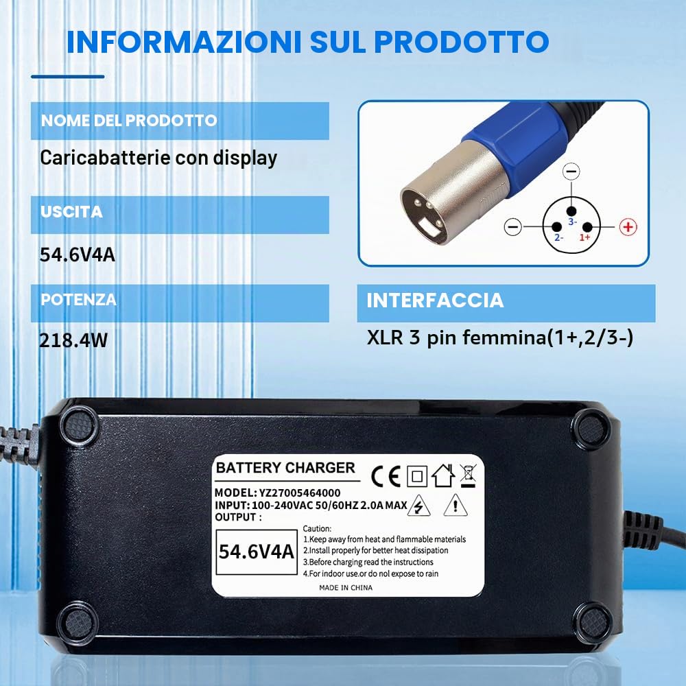 Batteria al litio da 54,6 4 A, per scooter elettrico, 48 V, 13 s, batteria agli ioni di litio, 3 pin, adattatore XLR da 48 V, ventola integrata con display per visualizzare la tensione di carica