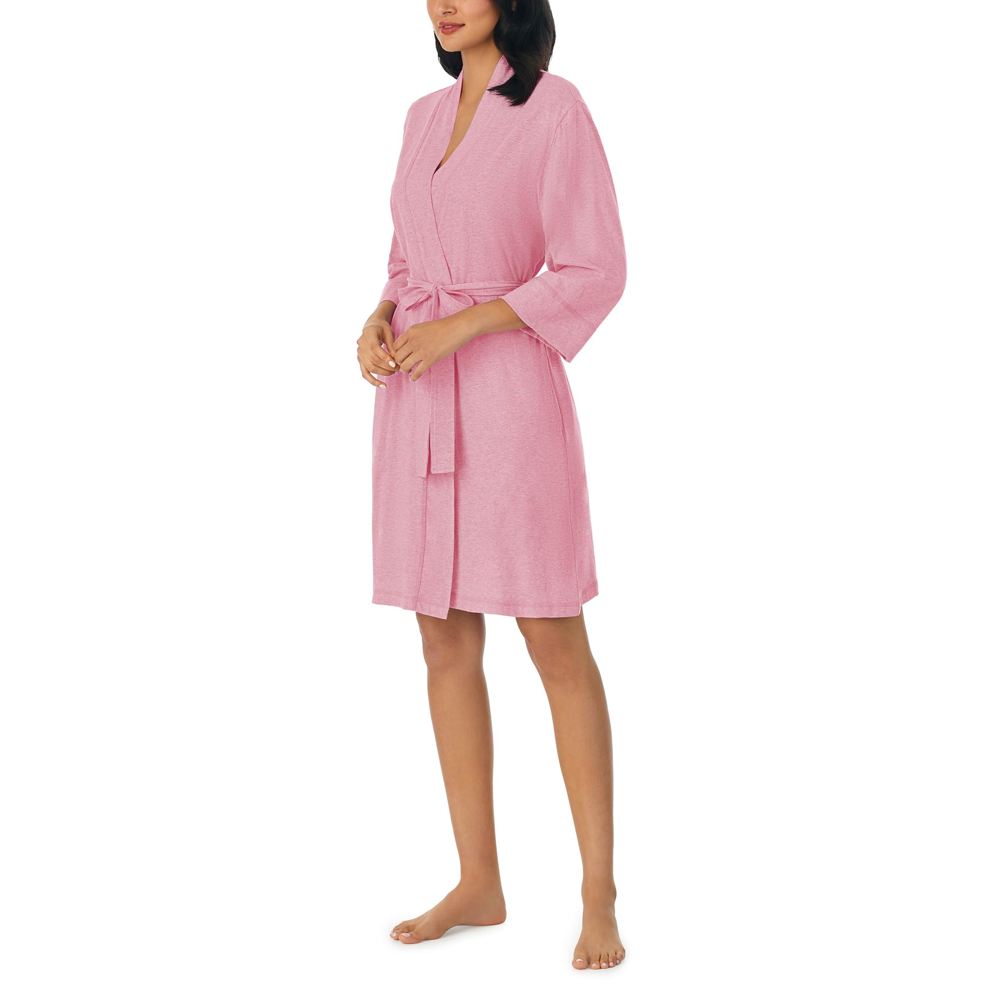 Bata suave para mujer, por encima de la rodilla, manga 3/4, ligera, de punto de algodón, ropa de dormir y ropa de descanso, Rosado (Heather pink) 2