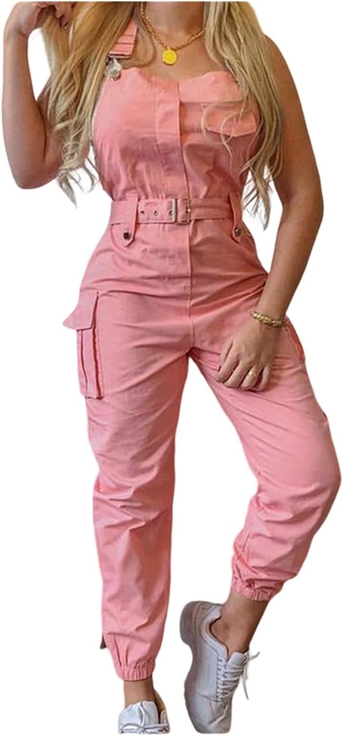 Dawwoti Women’s Workwear Jumpsuit Belt Sleeveless Overalls One Piece Pants Dawwoti Women’s Workwear Jumpsuit Belt Sleeveless Overalls One Piece Pants