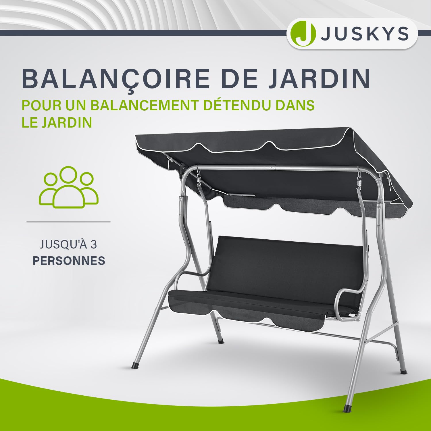 Juskys Balançoire Hollywood avec Toit et Coussin de siège - balançoire de Jardin 200 kg Chargeable - Banc de balançoire pour Jardin et terrasse- Gris, 3 Places