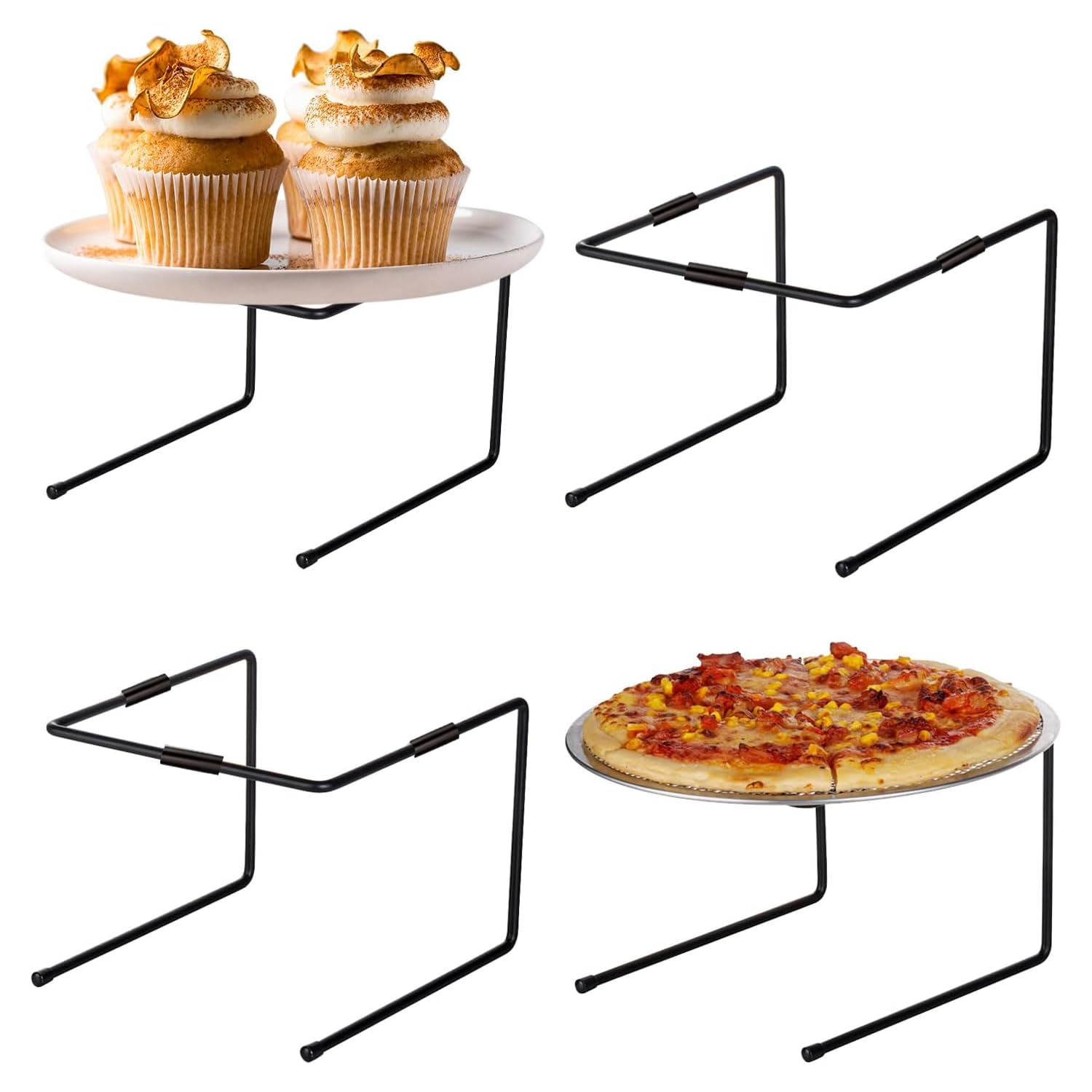 MyGift Black Metal Pizza Table Stands, Tabletop Pizza Pan Riser Food Platter Tray and Display Rack, Set of 4