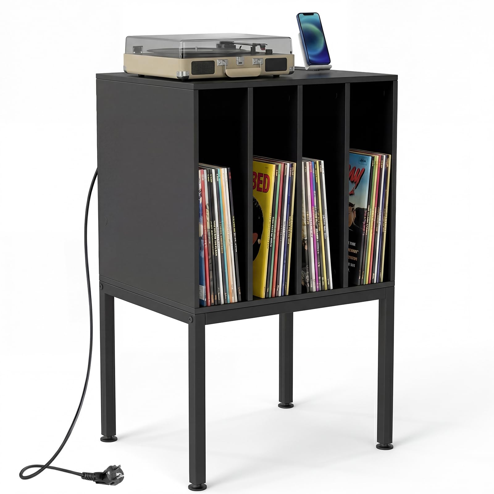 COSTWAY Mobile Porta Giradischi, Supporto per Vinili in Legno con Stazione di Ricaricae, 4 Scomparti, Gambe Rialzate in Metallo, Scaffale per Dischi per Soggiorno e Sala Musicale, 50 x 40 x 81 cm