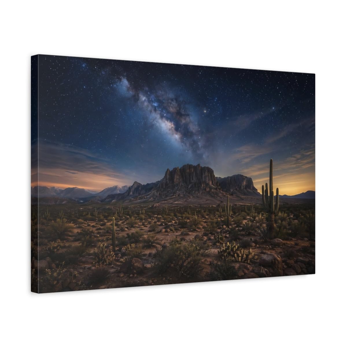 Nature Milky Way Blue Desert Sky Canvas Wall Art Print – Realistic Living Room, Above Sofa 24×16 inch (60×40 cm) - Horizontal / 1.25 inch (3 cm)