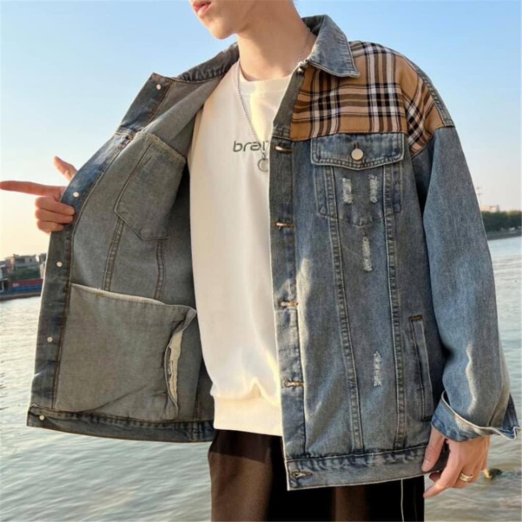 Retro Loose Stitching Jacket Denim Men's Tooling Spring And Autumn(6XL code)