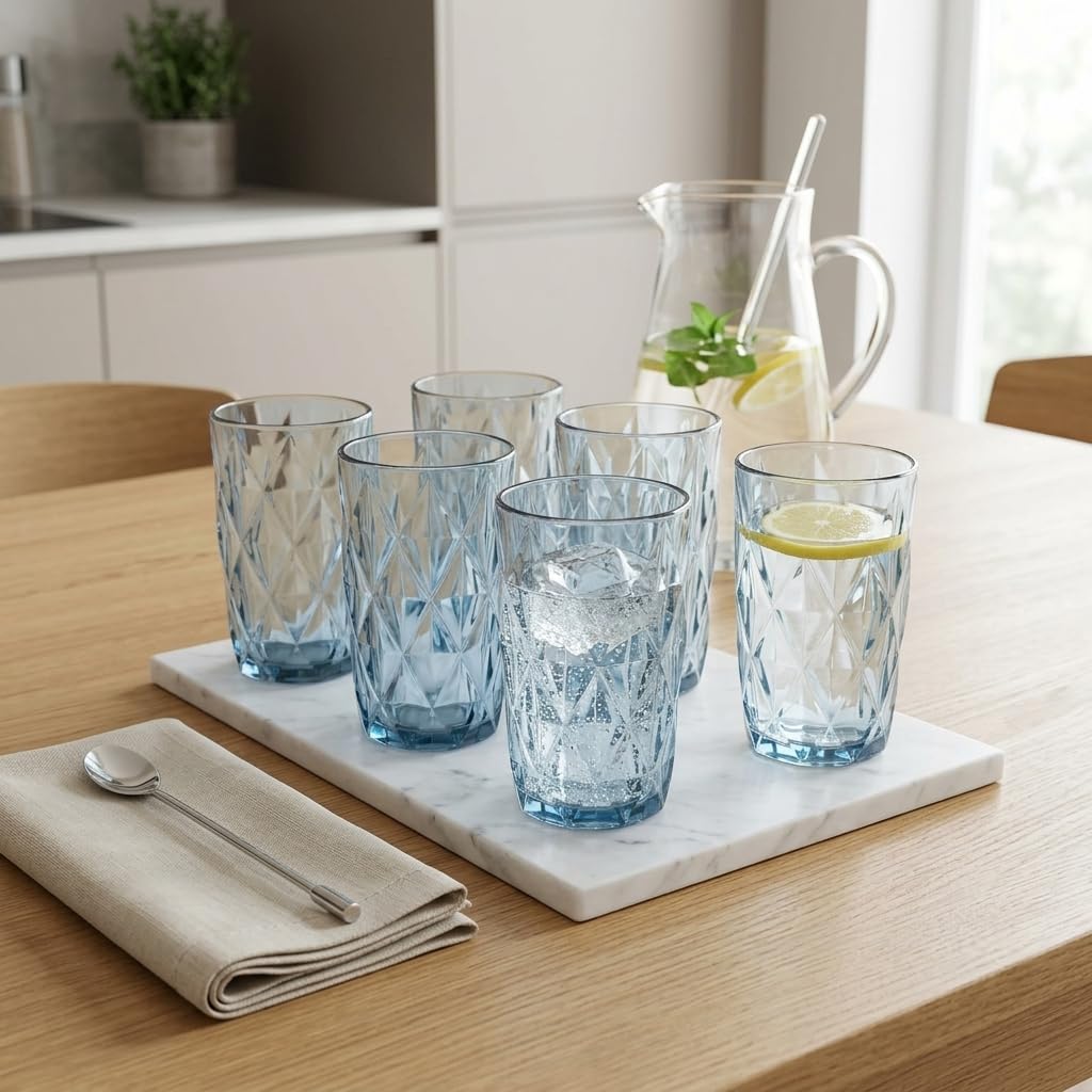 Deconox 6'lı Mavi Cam Bardak Seti - Vintage Kabartma Desenli Su, Meşrubat ve Kokteyl Bardağı Takımı (400 ml)