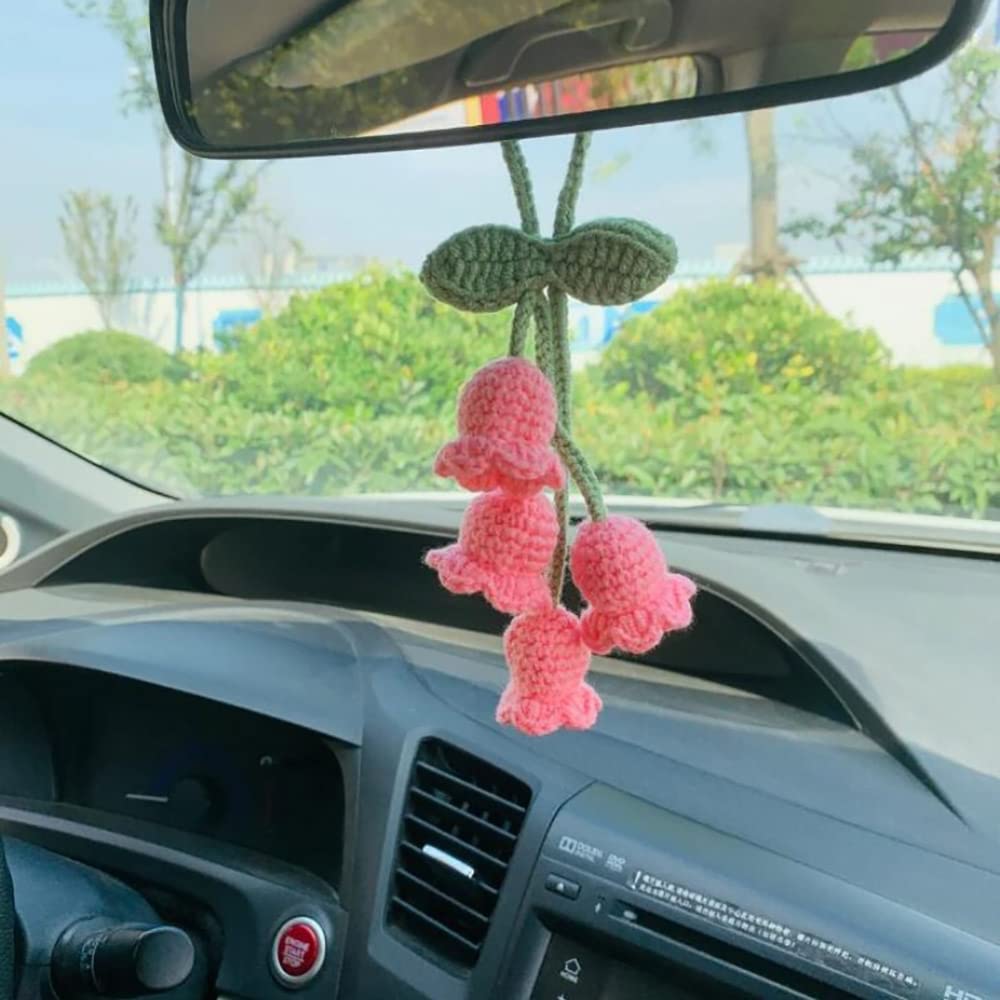 Crochet Convallaria Car Hanging Ornament - Rear View Mirror Pendant Decoration, Interior Accessories for Gardening (Pink)