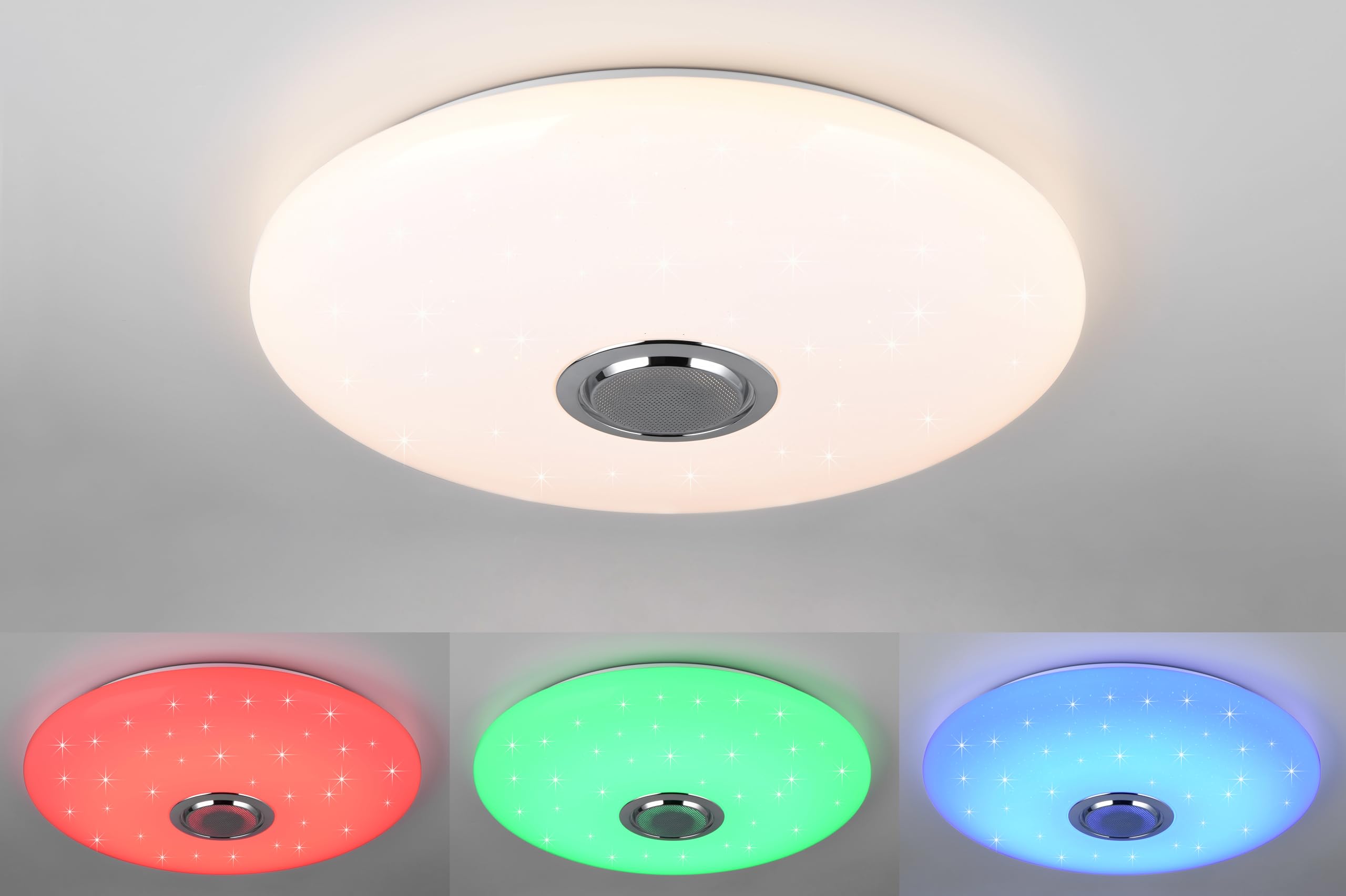 Reality Leuchten Plafón MUSICA R69031901 LED, pantalla de plástico blanco con efecto Starlight, LED de 33 vatios, mando a distancia, cambio de color, altavoz Bluetooth,