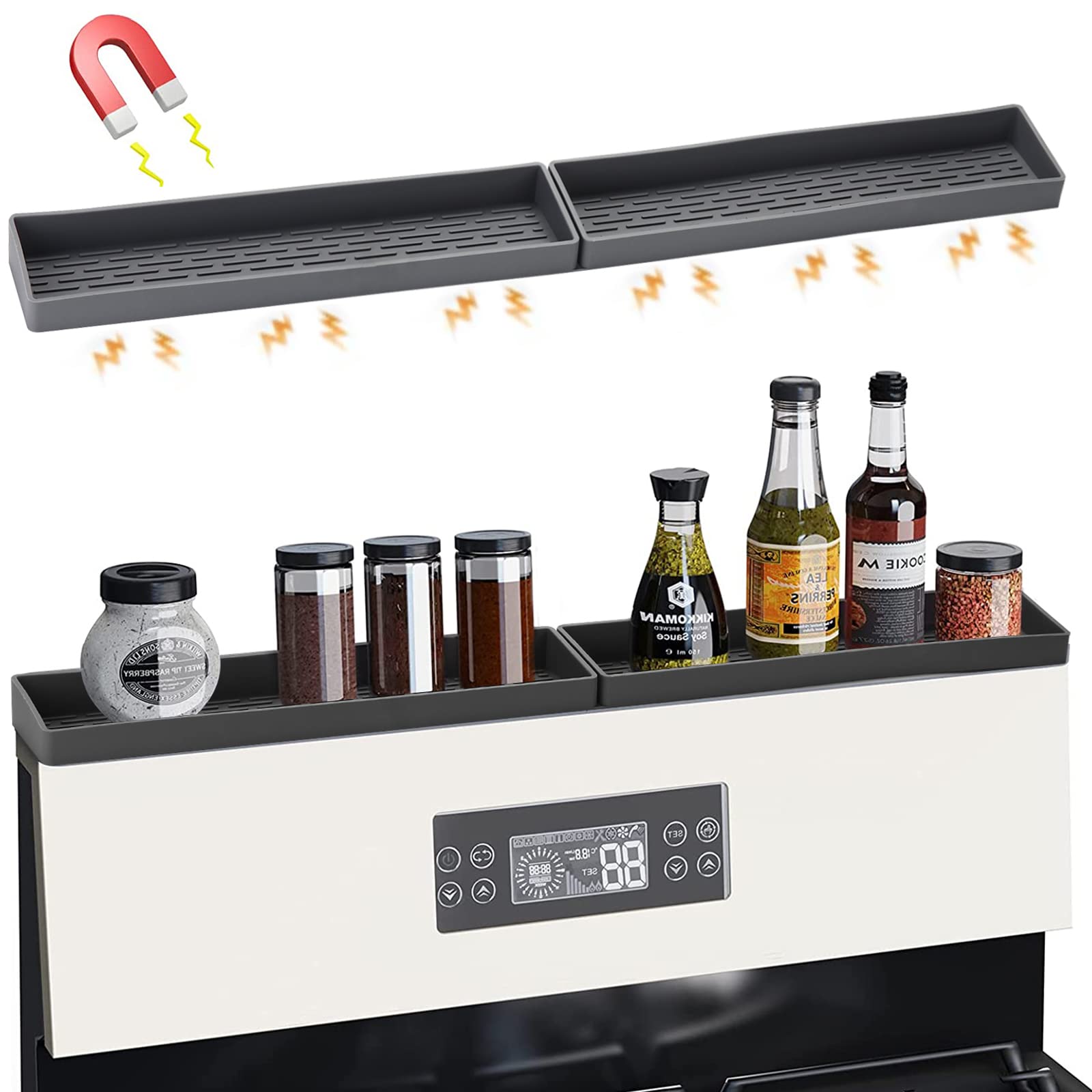 BECEMURUStove Top Shelf 30 Inch Silicone Magnetic Adsorption Shelf for Kitchen Stove, Heat Insulated Spice Storage Shelf for Stove (Gray)