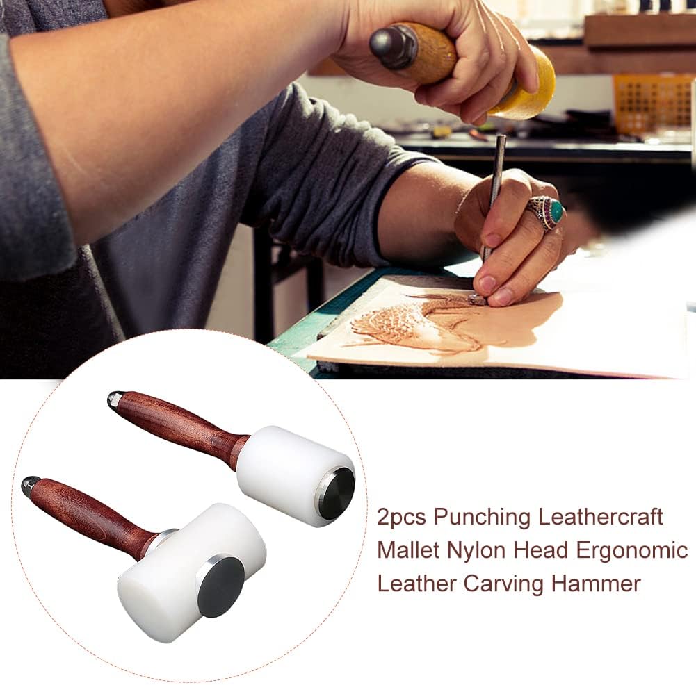 Kisbeibi 2pcs Leather Carving Hammer, Wooden Handle Nylon Hammers Mallet, Professional Leather Mallet Hammer for Handmade DIY Leather Work(Brown)