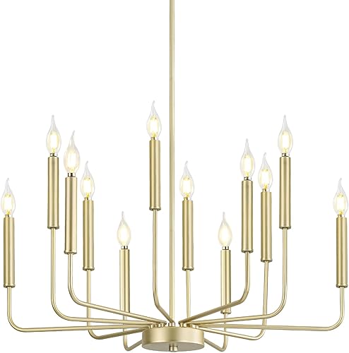 Qamra Candelabro de metal dorado champán de 12 luces, lámpara colgante de techo clásica de estilo rústico para isla de cocina, comedor, sala de