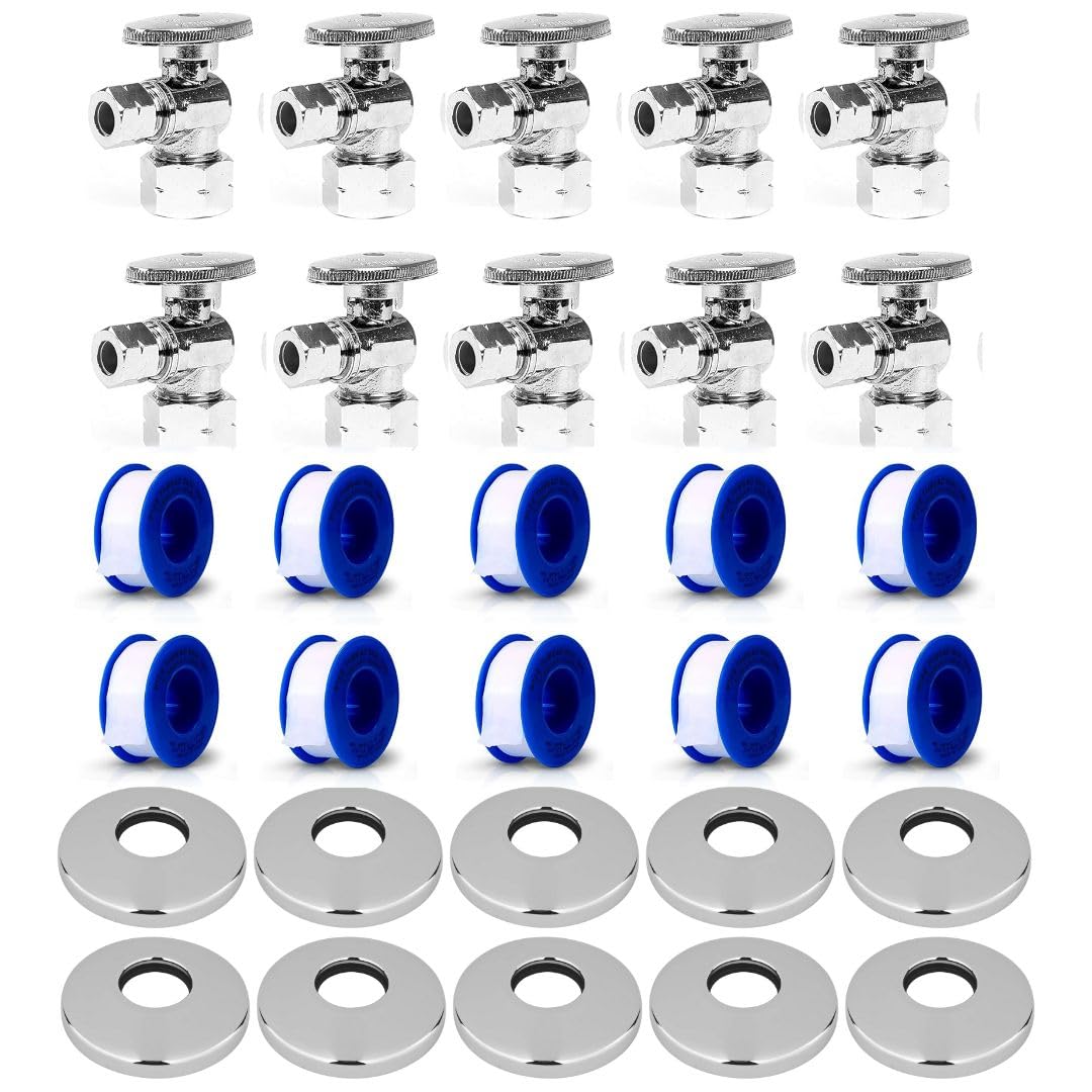 CMI 1/2" Compression Angle Stop Valve, Dual Outlet 1/4 Turn, 5/8" x 3/8" OD, Chrome Brass, w/Escutcheon & Tape – 10 Pack for Sink, Toilet, Faucet Plumbing