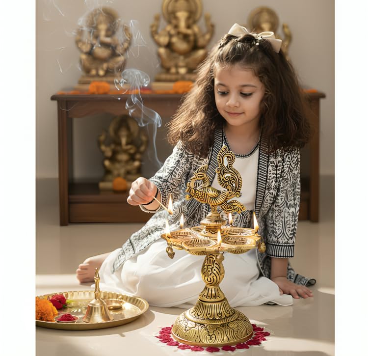 Image of Kridaykraft Metal Peacock Diya Samai Oil Lamp, Gold Finish, Traditional Indian Decor, 19 cm Height, 270 gm, Handcrafted Design