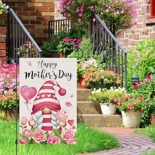 Heyfibro Happy Mother's Day Gnome Garden Flag 12x18 Double Sided Burlap, I Love Mom Flower Rose Love Heart Yard Banner for Spring Outside Outdoor House Mothers Day Decoration (ONLY FLAG) - Image 4