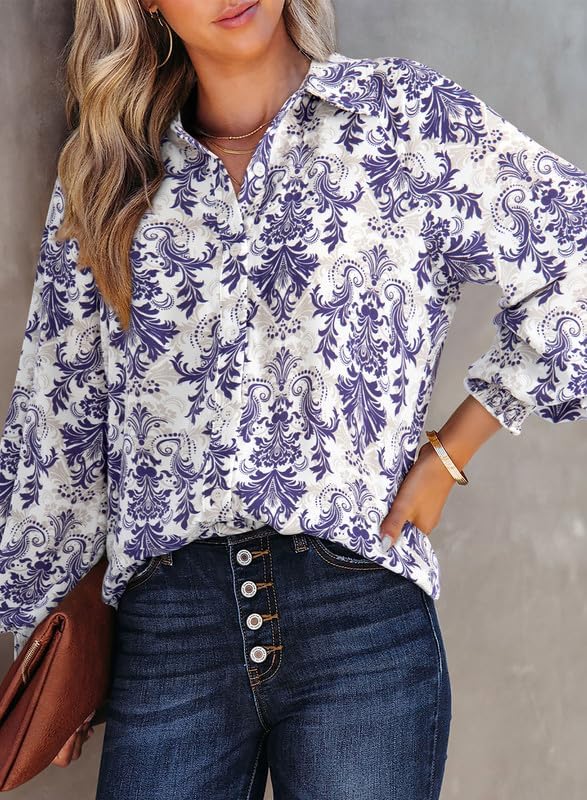 Dokotoo Women's Casual V Neck Allover Floral Print Long Sleeve Chiffon Button Down Blouses Bohemian Top Shirts - Image 2