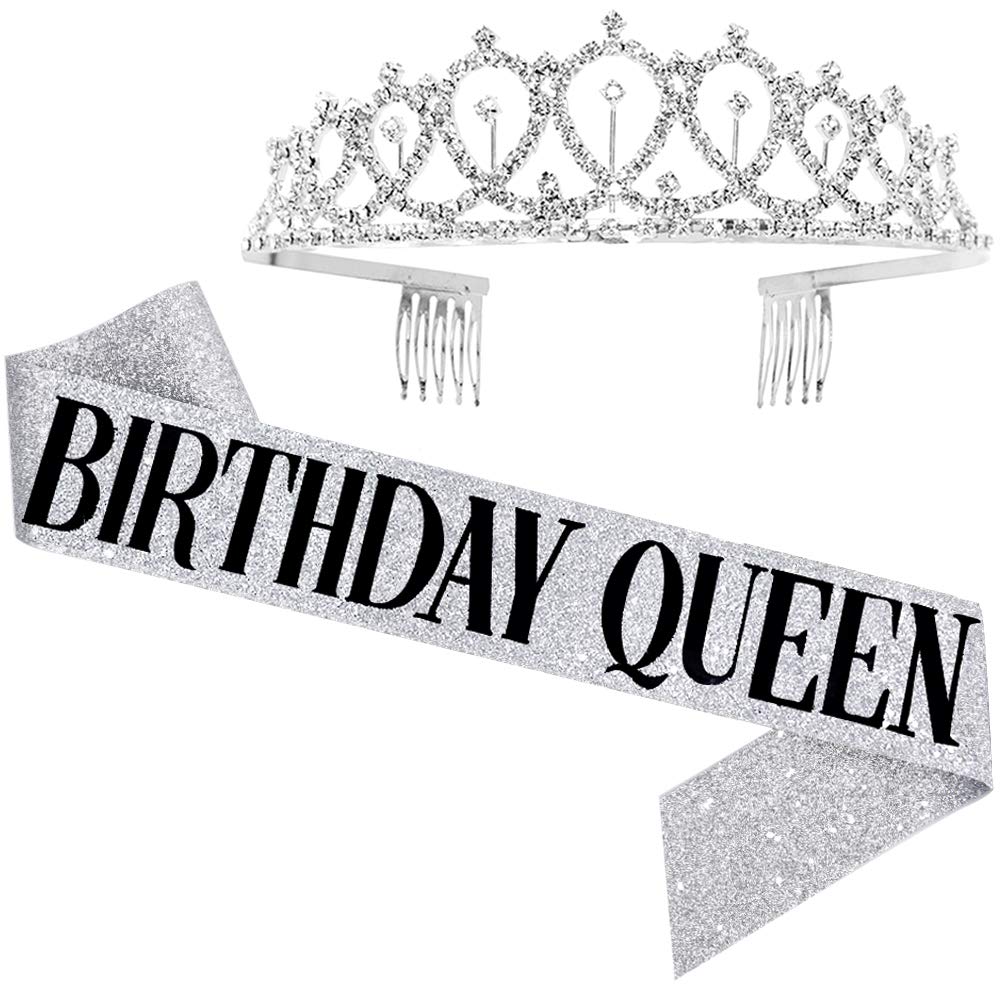 ADBetty 'Birthday Queen' Sash & Rhinestone Tiara Kit - Silver Glitter with Black Lettering - Women's 21st 30th Birthday Gifts & Party Supplies