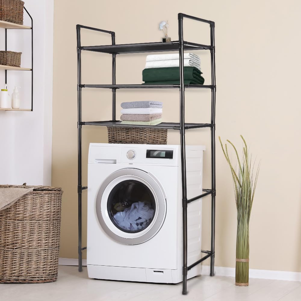 HUOLE Étagère pour Machine à Laver à 3 Niveaux, Étagère Métallique Économie d'espace pour Toilettes et buanderie, Multifonction, Solide et réglable, 72 x 25 x 155 cm - Noir