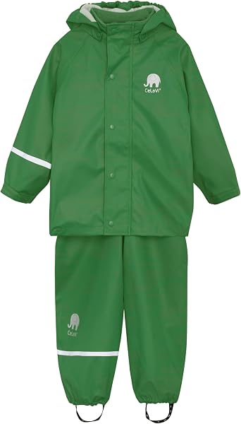 CeLaVi European Kids Rain Suit for Boys Girls with Detachable Hood, Waterproof 2 Pcs Rain Jacket w/Pants or Dungarees