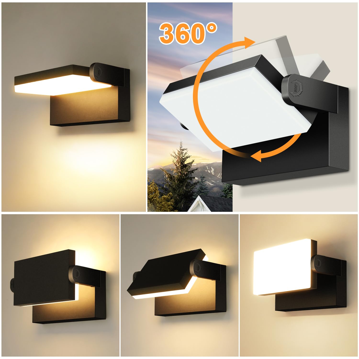 LEDMO 4 Pezzi 60W Applique da Parete Esterno/Interno 360° Lampade da Esterno Regolabile Applique Esterno per Terrazza Corridoio Giardini Nero 126 LEDs 5000 Lumen Bianco Caldo 3000K IP65