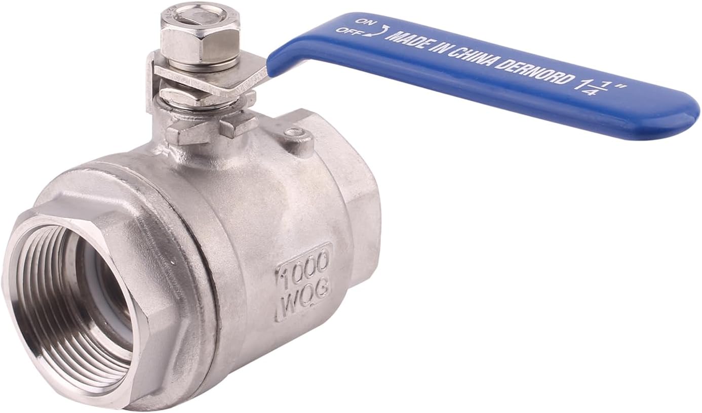 DERNORD Ball Valve Stainless Steel 304 1-1/4" NPT Heavy Duty for Water, Oil, and Gas with Blue Locking Handles (Pack of 2)
