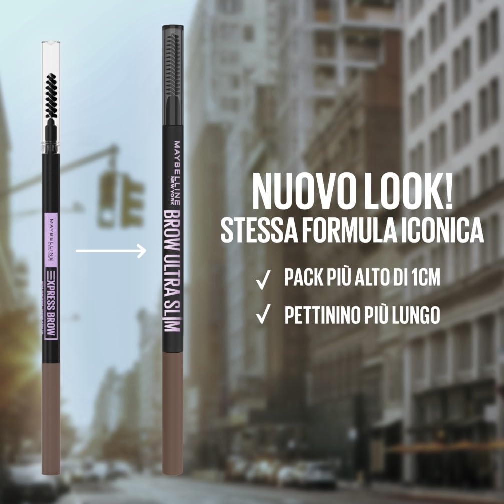 Maybelline New York Matita per Sopracciglia, Sopracciglia Definite, Formula Che Non Si Sfalda, Con Punta di Precisione e Pettinino, Brow Ultra Slim, Tonalità Black Brown, 7,2 g