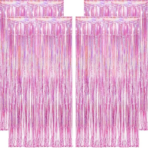 Cortina Fiesta Rosa con Espumillón 1 * 2,5m, OEMG 4 Pack Flecos Cortina Cumpleaños, Metalicas Cortinas Oropel, Cortinas Photocall para Decoracion Cumpleaños Niña, Fiesta de Revelación Género