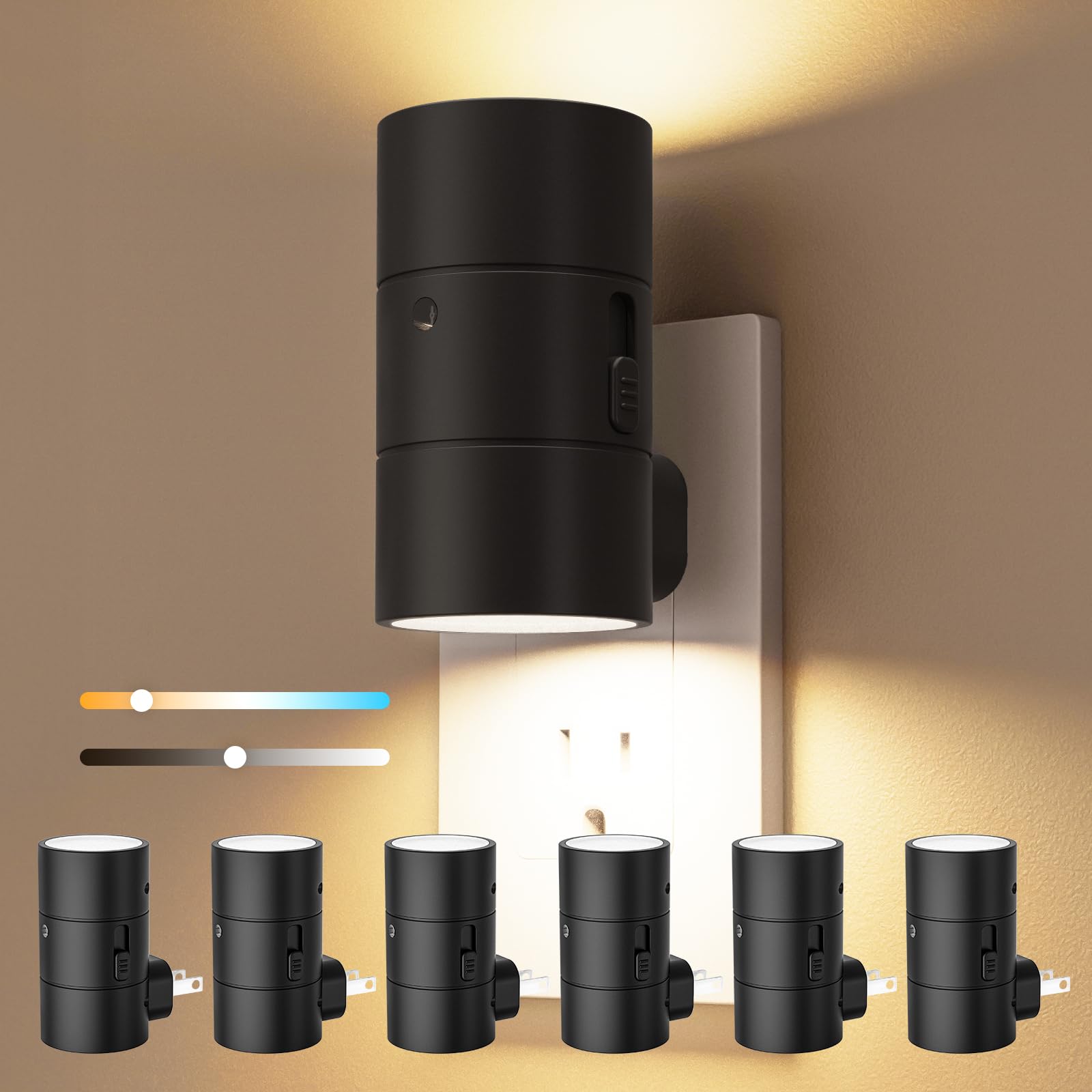 VOLISUN Night Lights Plug into Wall, Dimmable LED Nightlight with Dusk to Dawn Light Sensor, 0-100LM Adjustable Brightness, 3 Color Temperatures, Compact Size Black 6 Pack for Hallway,Bedroom,Bathroom