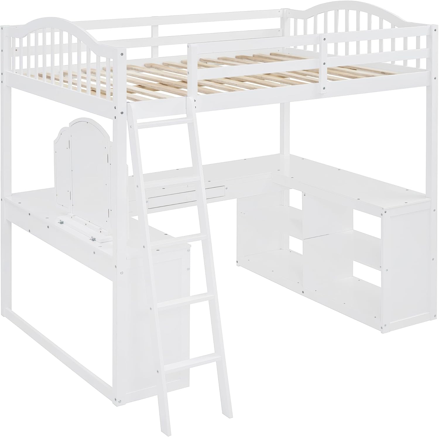 White Loft Bed Full Size with U-shaped Desk & 2 Drawers & Open Shelves & Tri-fold Mirror,Wooden Full Loft Bed Frame with Safety Guardrails & Angled Ladder for Bedroom Study,No Box Spring Needed,White