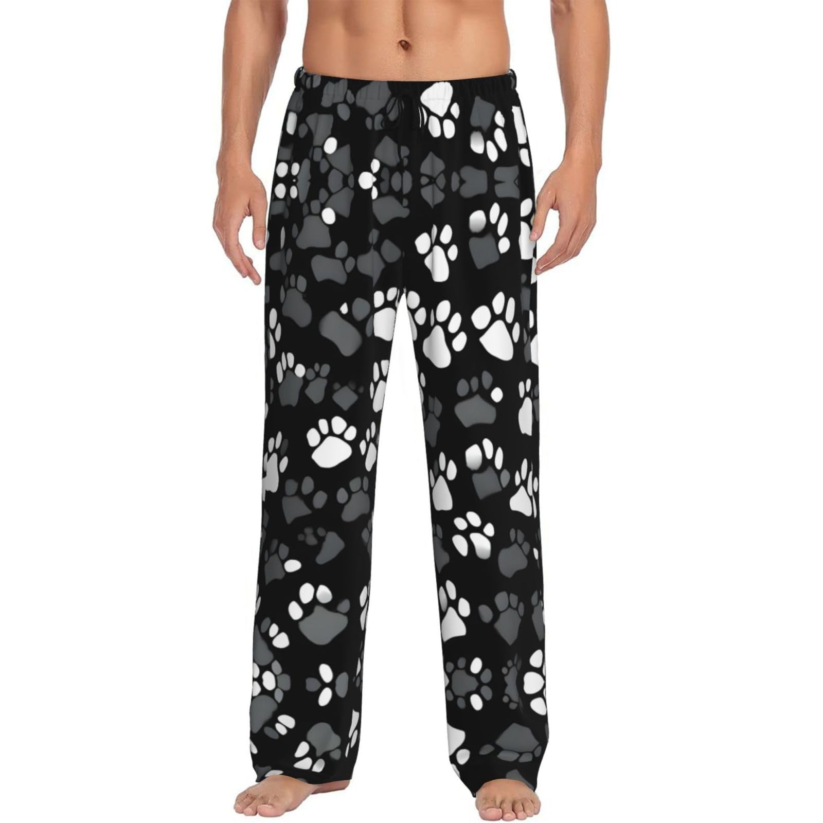 Jejea Men's Black And White Paw Print Print Pajama Pants, Warm Lounge Pj Bottoms For With Pockets Drawstring Comfortable