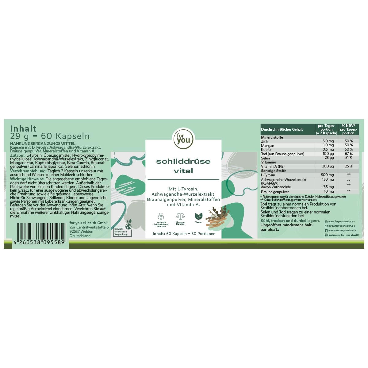 for you schilddrüse vital - mit gezielt abgestimmten Vitalstoffmix zur Förderung einer gesunden Schilddrüsenfunktion & Hormonbalance - mit L-Tyrosin, Ashwagandha, Jod, Selen (1)