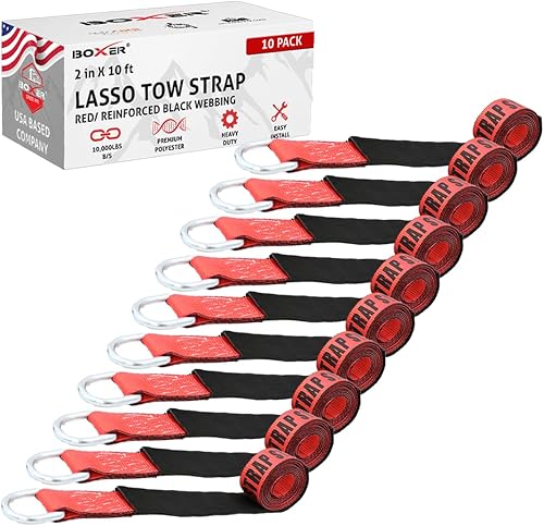 Boxer Pro - Correa de remolque de lazo rojo de 2 pulgadas x 10 pies con anillo en D forjado, paquete de 10 Funda protectora amarre para automóvil,