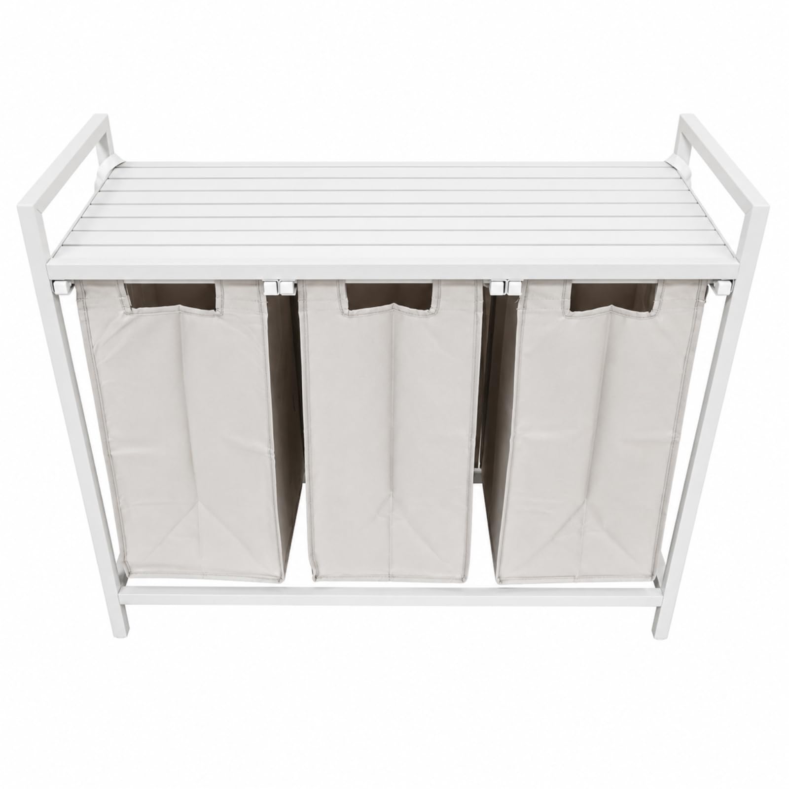 Wäschesammler 3 Fächer 114 L, Wäschekorb mit Ablage, 3 x 38 L, Sortierkorb aus Stoff, MDF und Metall, Weiß mit beigen Fächern, 92,5 x 33 x 71 cm