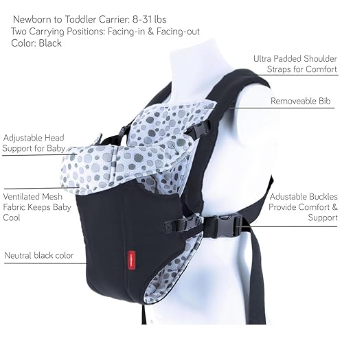 Miniatura 4 de Nuby Portabebés clásico recién nacido a niño pequeño  Portador boca abajo y boca afuera  Negro  Ligero y cómodo  Babero extraíble  8-35 lb.