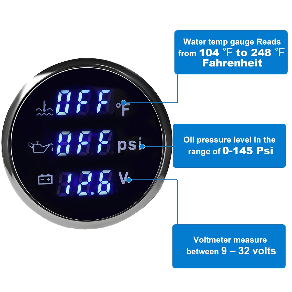 WATERWICH 3 in 1 Triple Gauge Set 52mm 2inch Water Temperature Gauge °F + Oil Pressure Gauge PSI + Voltmeter for Car Truck Boat Vehicle Marine