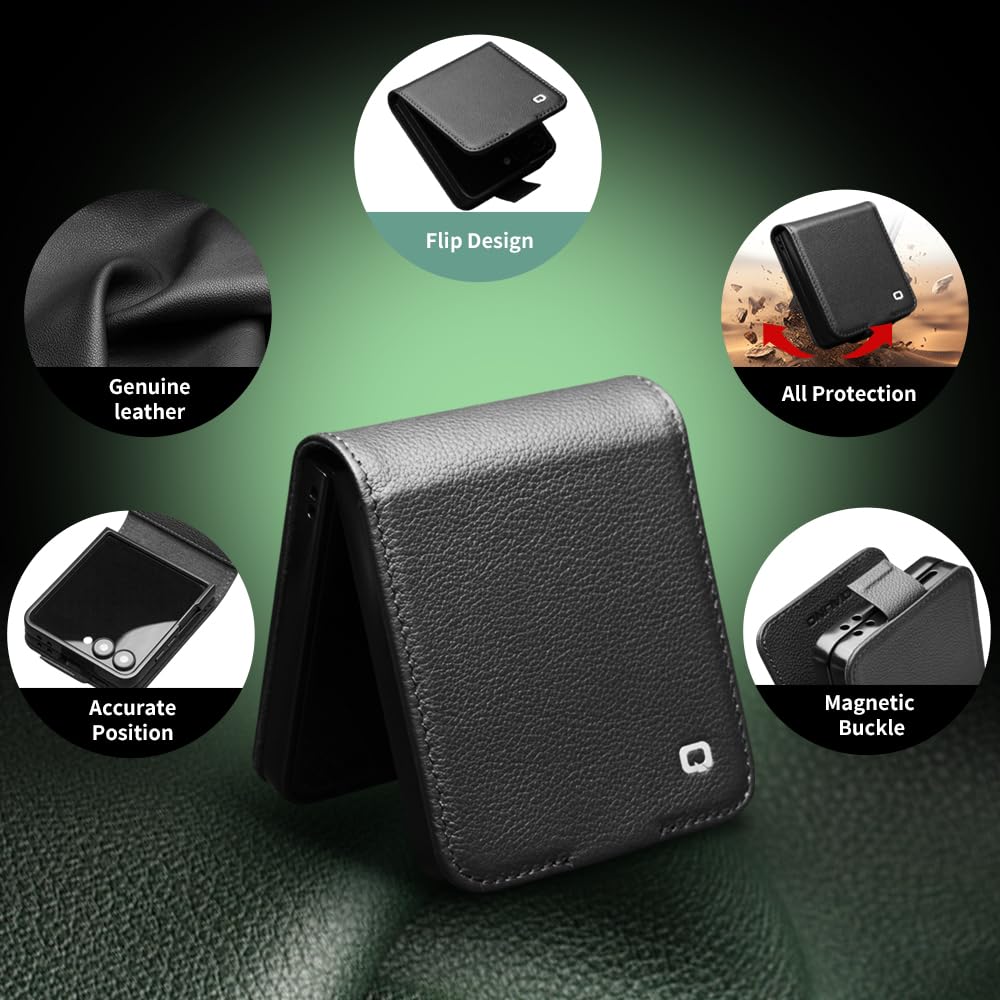 Funda de piel para Samsung Galaxy Z Flip 7 5G Premium de cuero de vaca con cierre magnético para Samsung Z Flip 7 funda (negro2)