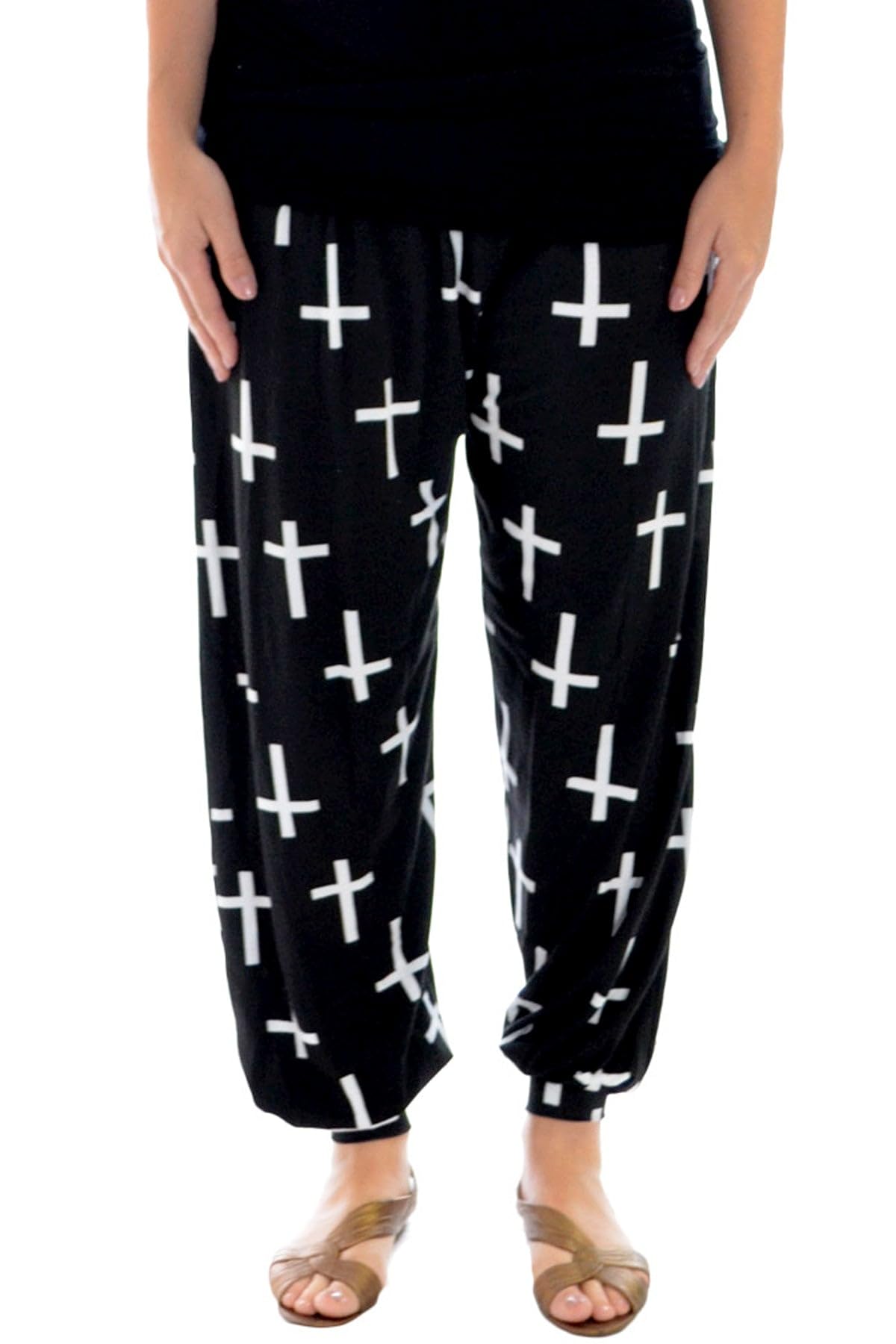 WearAll Plus Size Harem Print Womens Trousers Long Full Baggy Ladies Pants - Black - 16/18