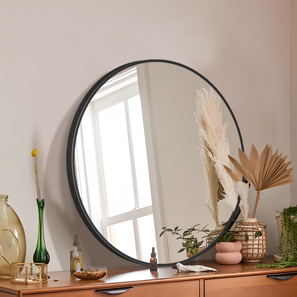 Janboe 26inch Bathroom Round Mirror,Wall Mounted Vanity Mirror,Steel Frame,Black,Steel Frame