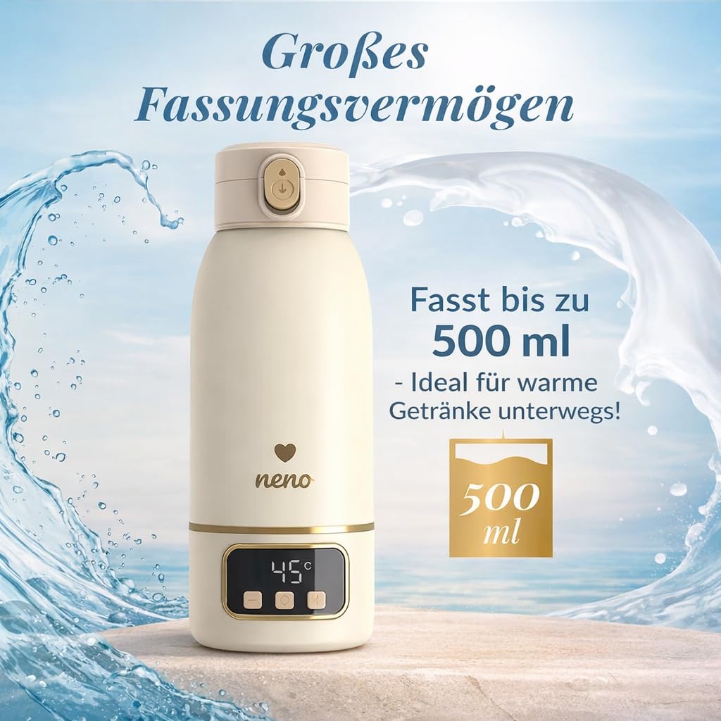 NENO Savia - Calentador de biberones portátil para bebés, 500 ml de capacidad, calentamiento hasta 55 °C, calentamiento rápido y batería de larga duración