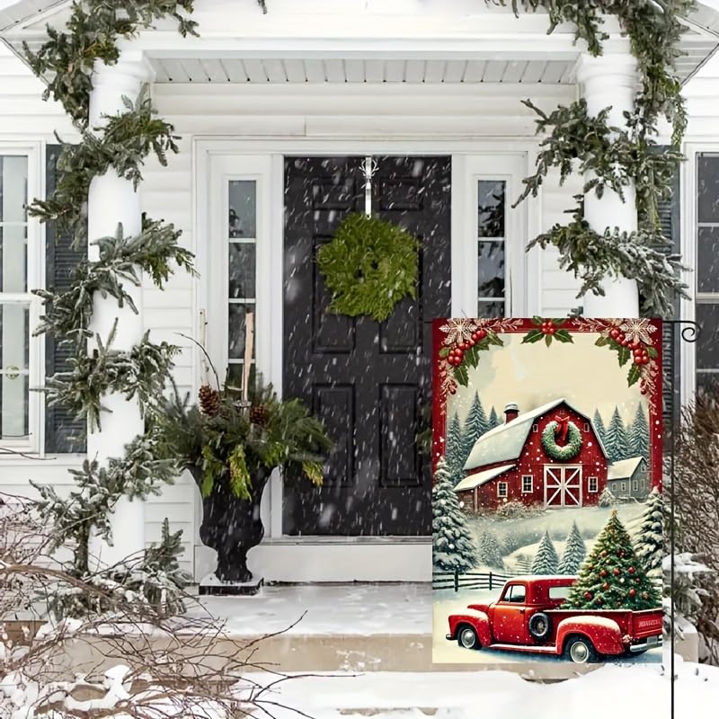 Image of Blissyard Vintage Red Truck Christmas Flag - 12x18 Inch Garden Decoration With Christmas Tree and Red Barn Scene