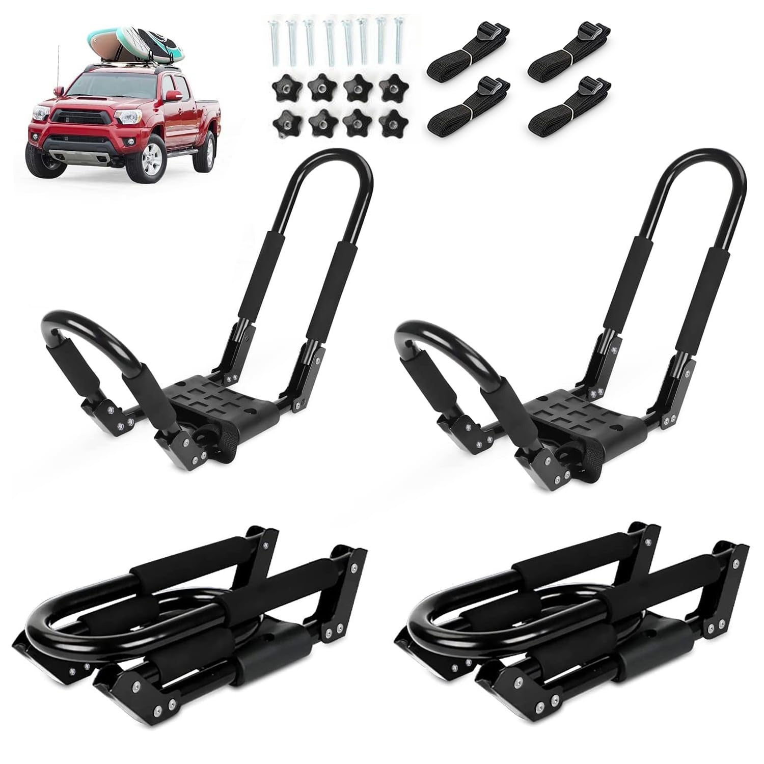 Ediors Folding Kayak Roof Rack 2 Pairs, 4pcs J-Bar Car Roof Racks for Kayak, Canoe, Paddle Boards, Skiboard, Surfboard, Foldable Kayak Roof Carrier for Car, SUV, Truck, Black (Folding Kayak Rack)
