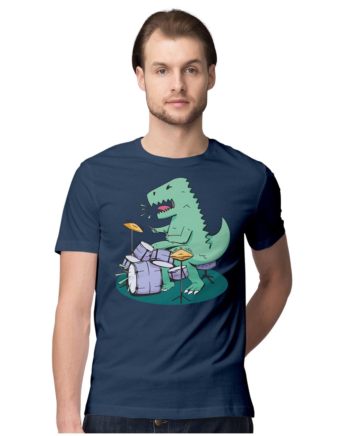 HeybrohMen's Regular Fit T-Shirt T-Rex Playing Drums - Dinosaur Drummer 100% Cotton T-Shirt