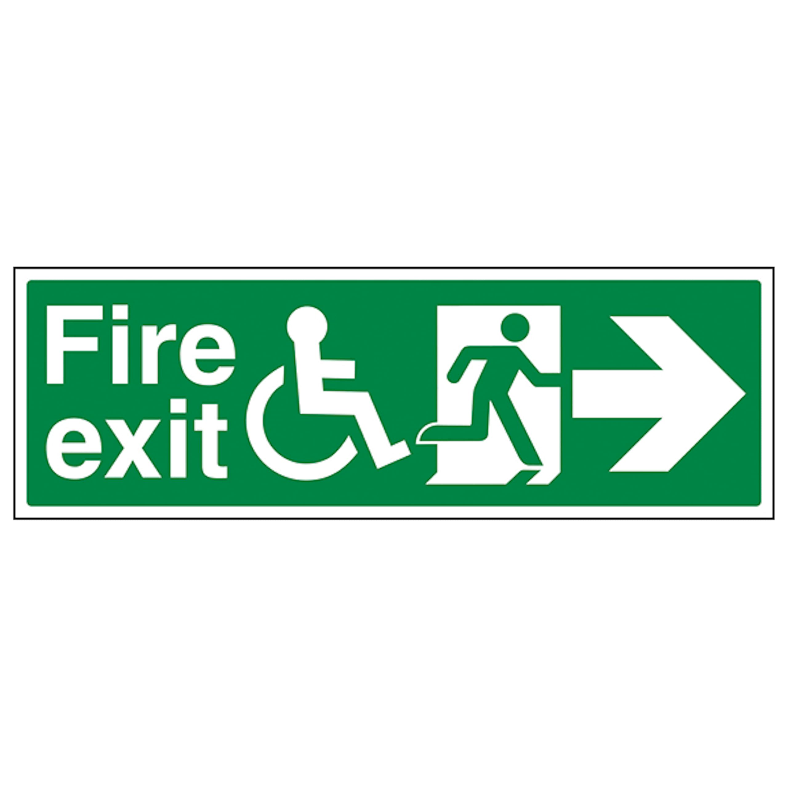 V Safety Wheel Chair Fire Exit with Text Arrow Right 450 x 150 mm - 2mm Super-Tough Rigid Plastic Safety Sign