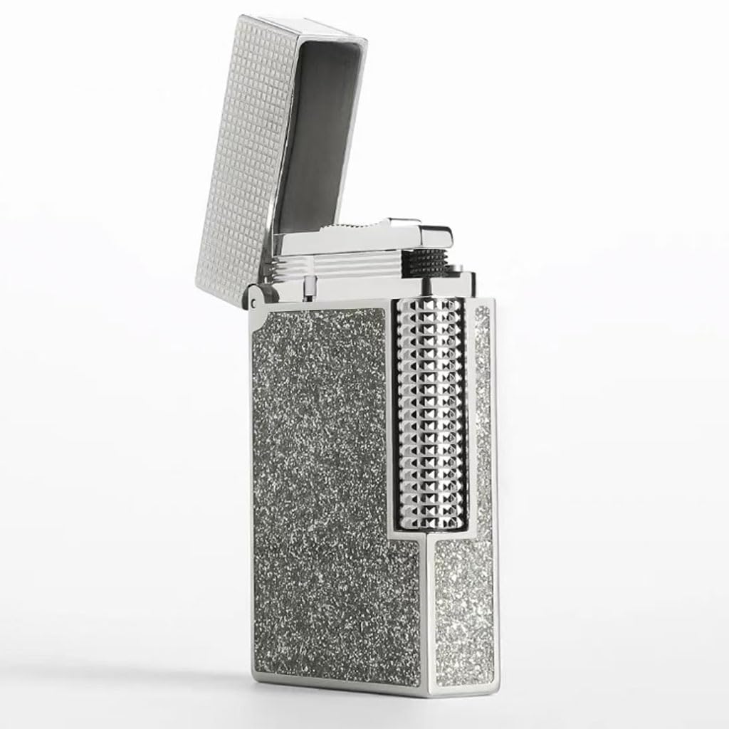 Mens Vintage Gas Lighter Flip Sound Natural Lacquer Workmanship Butane Refillable Side Sliding for Collection Gift Gray